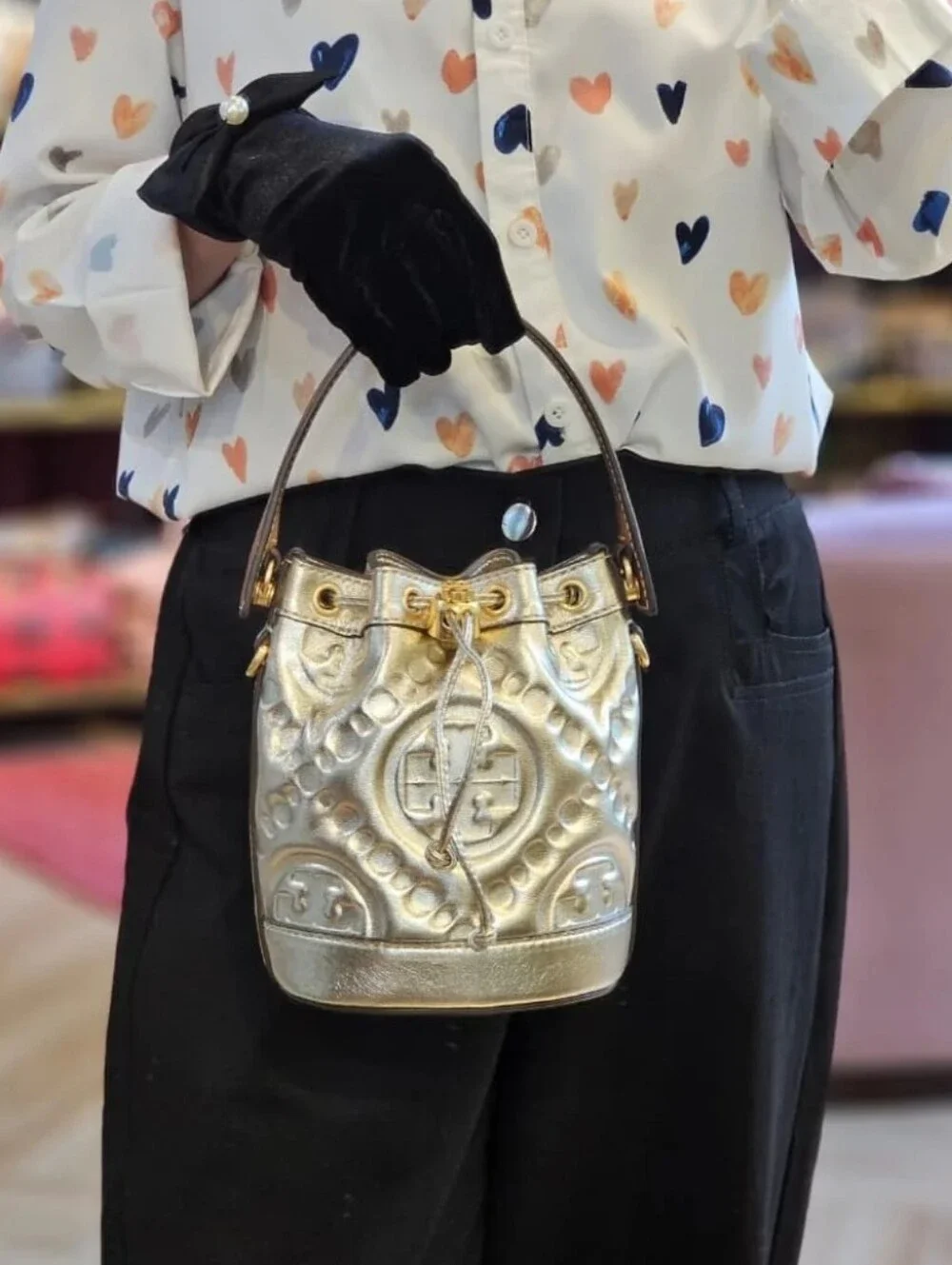 Tory Burch Mini T Monogram Metallic Bucket Bag